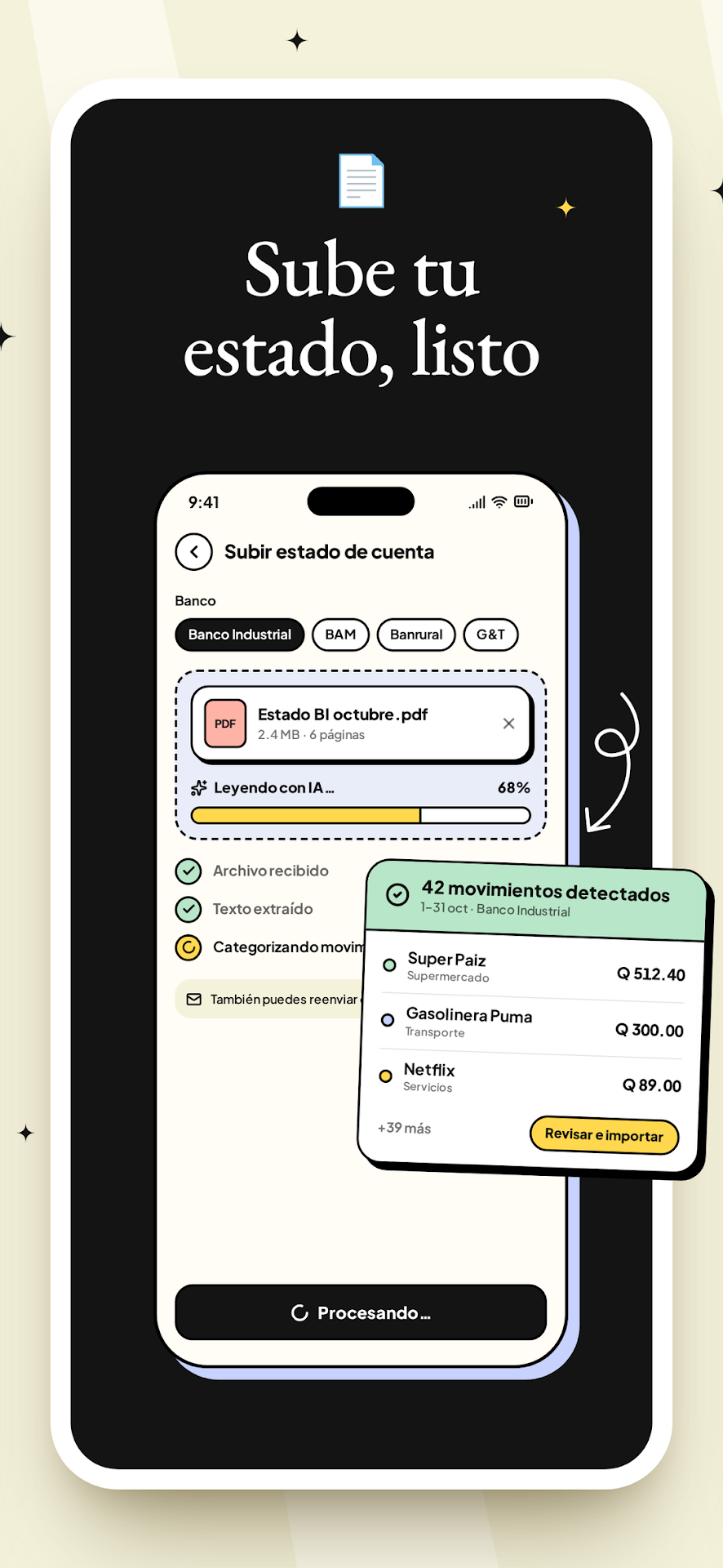 Captura de Google Play: sube tu estado de cuenta y la IA lo lee.
